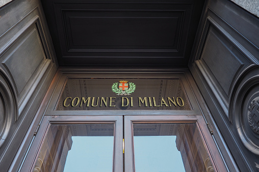 Milan, Italy - Circa January 2017: Comune di Milano (meaning Milan City Hall) entrance