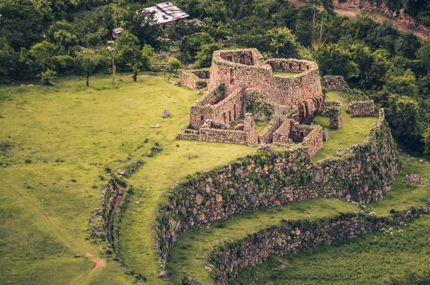 Aerial view of Llactapata ruins on inca trail stock photo