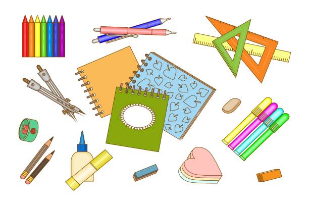 illustrazioni stock, clip art, cartoni animati e icone di tendenza di una serie di cancelleria e forniture scolastiche. - ruler ballpoint pen pen isolated