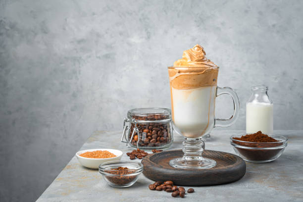 istock Korean drink with whipped coffee foam-dalgona coffee on a gray background 1322511700