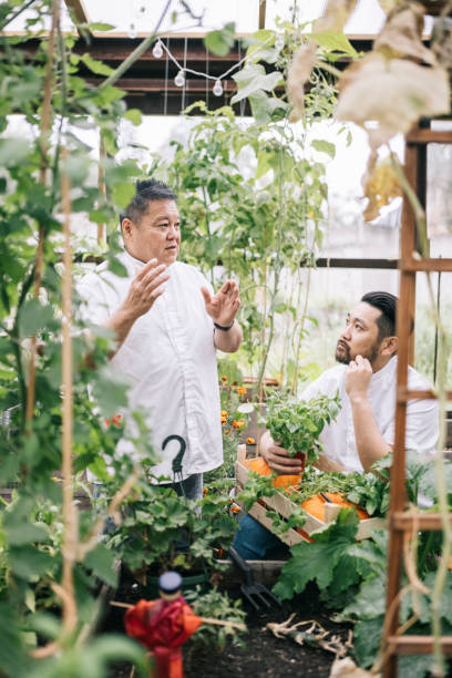 istock Japanese man having a chat in greenhouse 1322511736