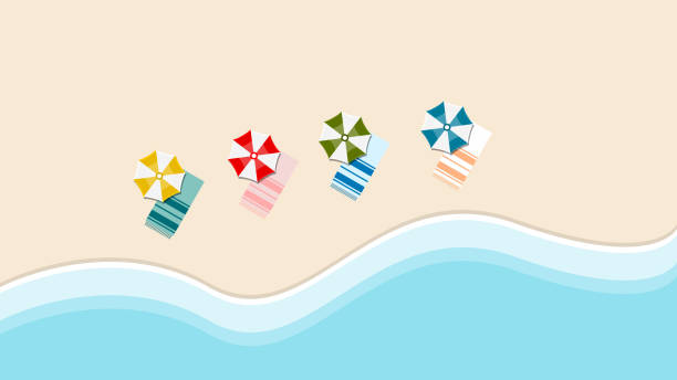 золотой песчаный пляж и бирюзовый вид на море. красочные зонтики и пляжные полотенца на пляже. - outdoor chair illustrations stock illustrations