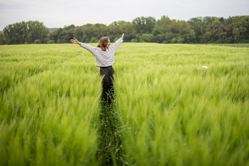 Happy woman with raised hands walking in green rye field and enjoys calm nature. Freedom and meditation concept.