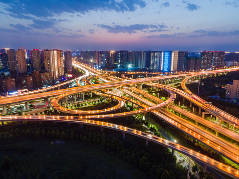 Aerial view of highway and overpass at night,Zhengzhou city,China