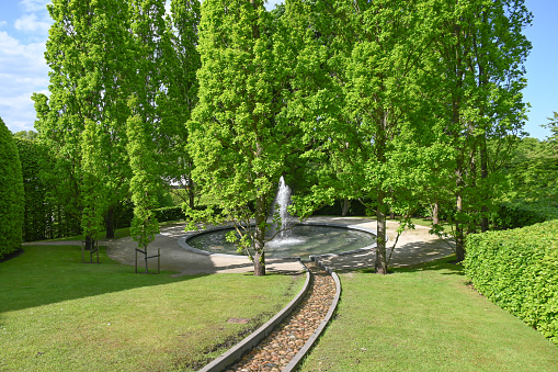 Fountain in the middle of oak trees at Alnwick Gardens, Northumberland