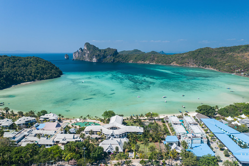 Aerial view of Phi Phi Island, The islands are administratively part of Krabi Province, Thailand.