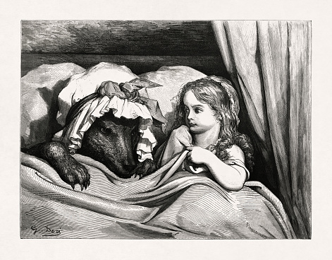Drawing of the Little Red Riding Hood and the Big Bad Wolf in 1862 by Gustave Doré to illustrate a new edition of the works of Charles Perrault originally published in 1697.