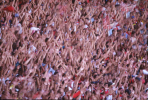 Arms raised, rooting for a team in a stadium