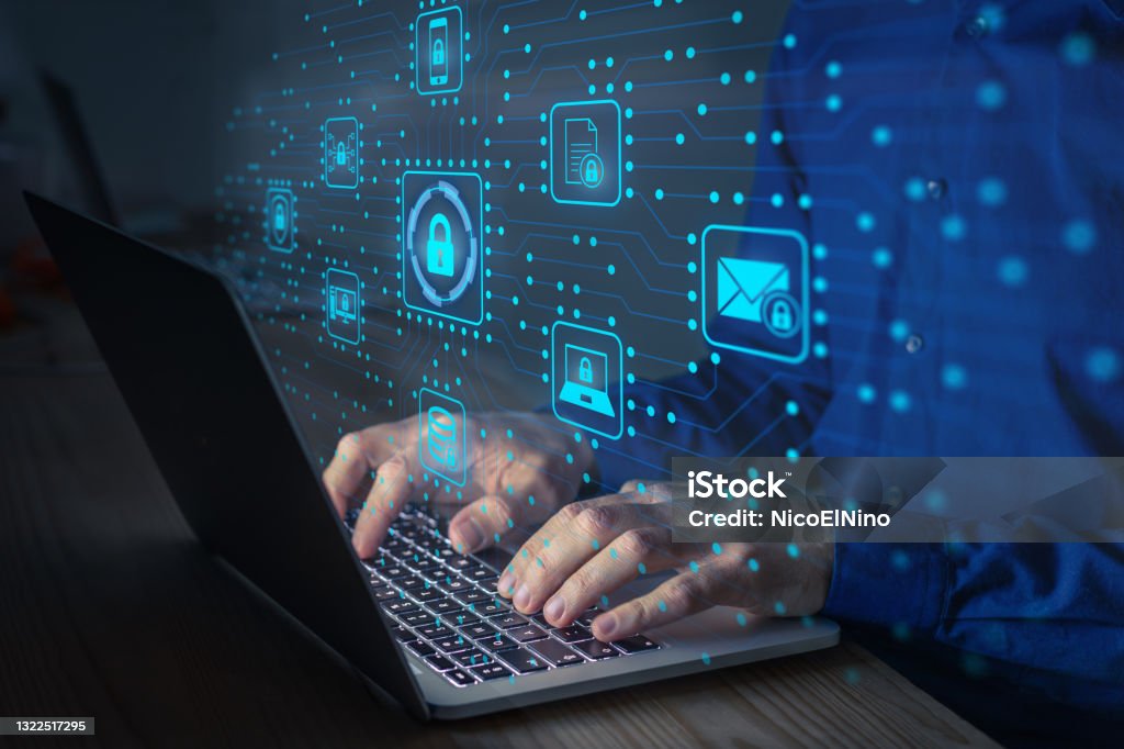 Cyber security IT engineer working on protecting network against cyberattack from hackers on internet. Secure access for online privacy and personal data protection. Hands typing on keyboard and PCB Network Security Stock Photo