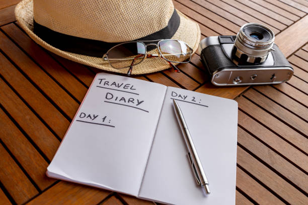 Hat, map, camera, sunglasses, travelogue, pen. Departure for a travel. stock photo