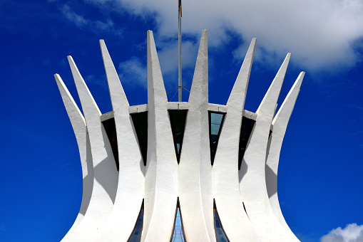 Brasília, Federal District, Brazil: top of the Cathedral of Brasilia - made of concrete and glass and is characterized by its hyperbolic shape, which is created by 16 concrete columns - Metropolitan Cathedral of Our Lady Aparecida - dedicated to the Blessed Virgin Mary as Our Lady of Aparecida - Catedral Metropolitana Nossa Senhora Aparecida - designed by Oscar Ribeiro de Almeida Niemeyer Soares Filho.