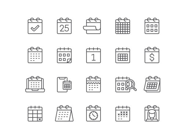 Calendar Icons Calendar, calendar date, personal organizer, icon, icon set, editable stroke, outline, meeting, planning editable stroke stock illustrations