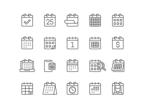 Calendar Icons Calendar, calendar date, personal organizer, icon, icon set, editable stroke, outline, meeting, planning Romance stock illustrations