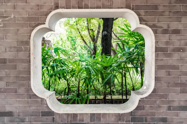 Photo of Chinese garden and window frame