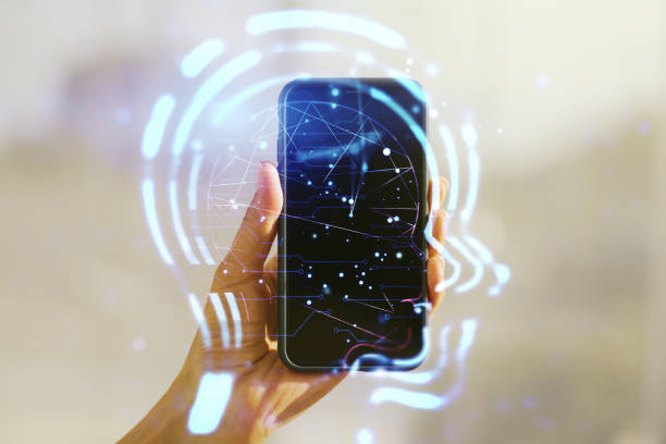 istock Creative artificial Intelligence concept with human head sketch and hand with mobile phone on background. Double exposure 1322520635