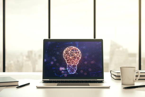 istock Creative light bulb hologram on modern laptop monitor, idea concept. 3D Rendering 1322520780