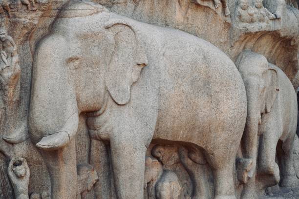 istock Elephant bas relief sculpture carved on the monolithic granite rock in Mahabalipuram, Tamilnadu, India. 1322520835