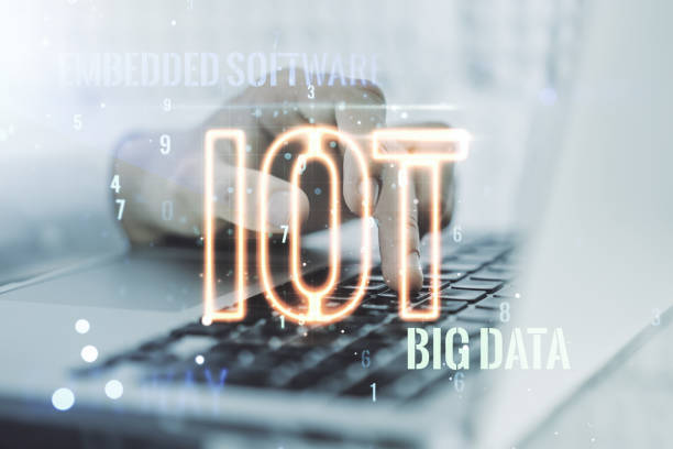 istock Creative IOT concept with hands typing on laptop on background. Multiexposure 1322520844