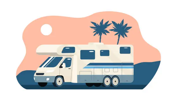 Vector illustration of Motorhome on background of abstract tropical landscape. Vector flat style illustration.