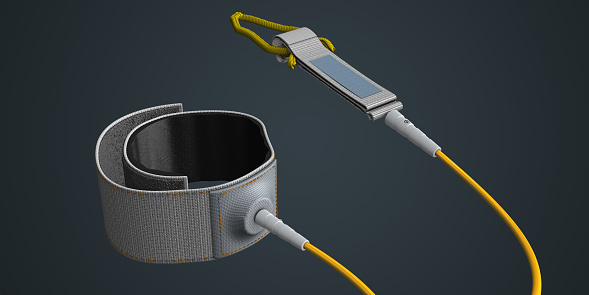 Close up of ankle strap or leash for a surfboard preventing the loss of the board - 3d illustration