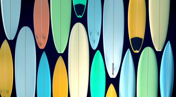 istock Top view of different surfboards side by side and facing each other in different colors - 3d illustration 1322522416
