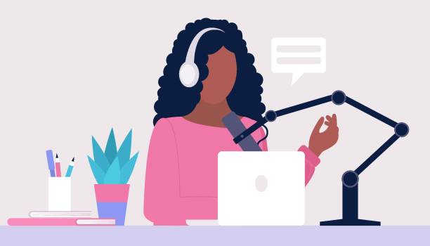 Livestream, Podcast in studio Livestream, Podcast in studio. Video lesson, webinar. Vector set in a flat style black female djs stock illustrations