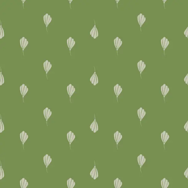 Vector illustration of Little grey abstract cosmea flower seamless pattern in hand drawn style. Green background. Nature backdrop.