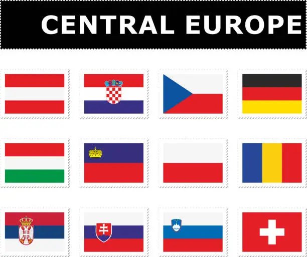 Vector illustration of set flag Central Europe postage stamp