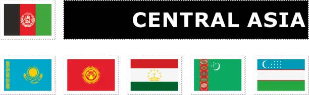 Vector illustration of set flag Central Asia postage stamp
