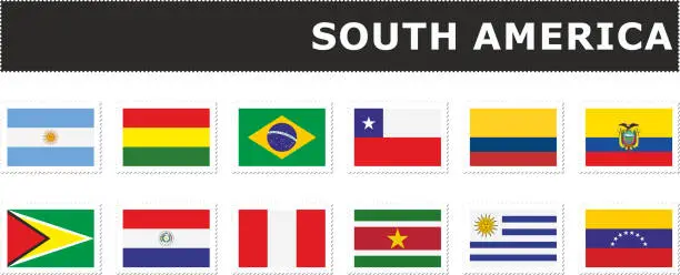 Vector illustration of set flag South America postage stamp