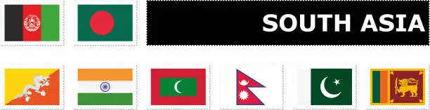 Vector illustration of set flag South Asia postage stamp
