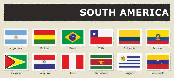 Vector illustration of set flag South America postage stamp