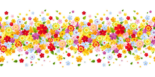 illustrations, cliparts, dessins animés et icônes de bordure horizontale transparente avec des fleurs colorées. illustration vectorielle. - in a row multi colored bright yellow