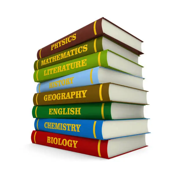 Photo of Stack of hardcover text books on white background. Isolated 3D illustration