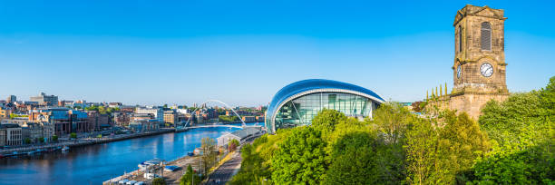 Panoramic view over the Gateshead riverside waterfront past the Millennium Bridge to Newcastle cityscape, Tyne and Wear, UK.