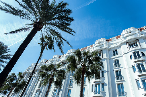 Cannes, France - 16.10.2018: : Hotel Martinez facade in Cannes, France. Martinez is a luxury hotel where many celebrities live when they are in Cannes. High palm trees in front. High quality photo