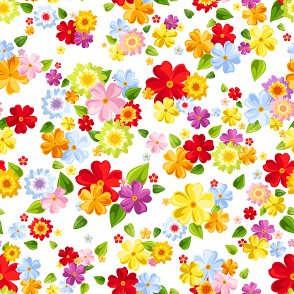Vector seamless pattern with small bright colorful flowers and leaves on a white background.