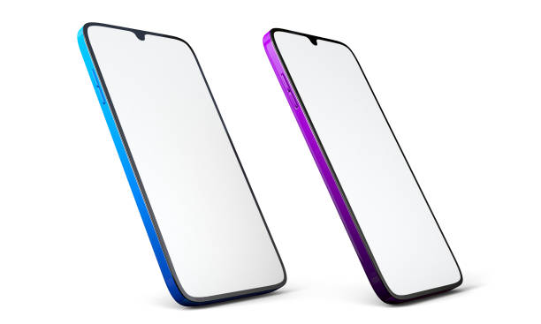 istock Blue and purple smartphone mock-up with a blank screen. Mobile mock-up isolated on white background. 3d illustration. 1322533007