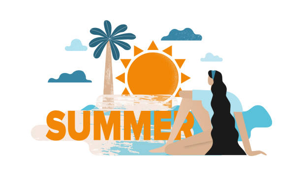 A girl with long dark hair is sitting in front of the summer sign, showing her back. Summer concept with a sign, palm tree, clouds, and the sun. Bright flat design vector banner. vector art illustration