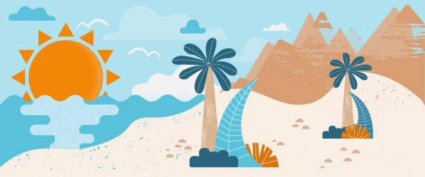 Summer desert landscape illustration banner. The scene with the beach, palm trees, plants, the sea, and sunset. Mountains in the back. Flat design vector banner concept. vector art illustration