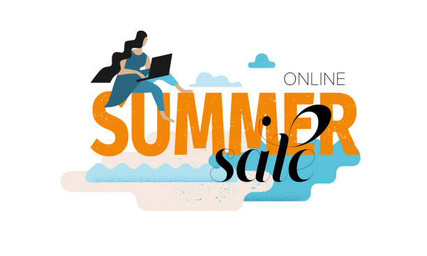 Online summer sale banner template with a girl on the sign Summer. Badge template for promotion with vibrant colors and abstract sea and beach design. vector art illustration