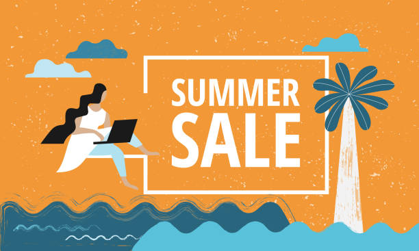 Summer sale website banner with a girl with laptop sitting next to it. Orange background with the abstract sea in front. Design for a webpage, leaflet, brochure, sticker. vector art illustration