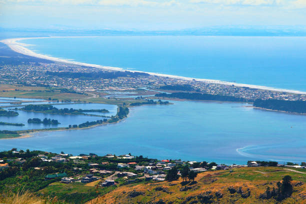 View of South New Brighton taken from the top of Port Hills where Christchurch gondola station is located. stock photo