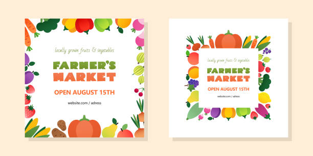 Set of farmer's market templates Two colorful square backgrounds with vegetables and fruits drawn in a flat style. Can be used for flyer, menu, invitation or banner. fruit borders stock illustrations