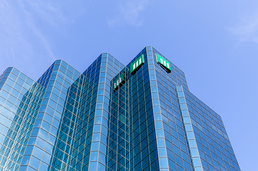 Ottawa, Canada - August 8, 2020: Manulife Real Estate office building at 150 Slater in downtown Ottawa. Manulife is one of the largest mortgage providers in Canada.