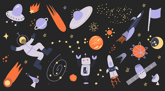 Set of space themed vector clip art isolated on a dark background