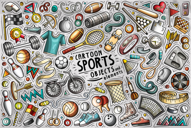 illustrazioni stock, clip art, cartoni animati e icone di tendenza di set di cartoni animati doodle vettoriale di oggetti e simboli a tema sport - stage costume immagine