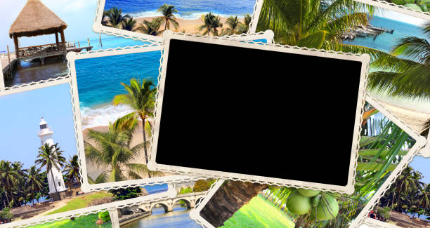 istock Vintage travel background with retro photos 1322542003