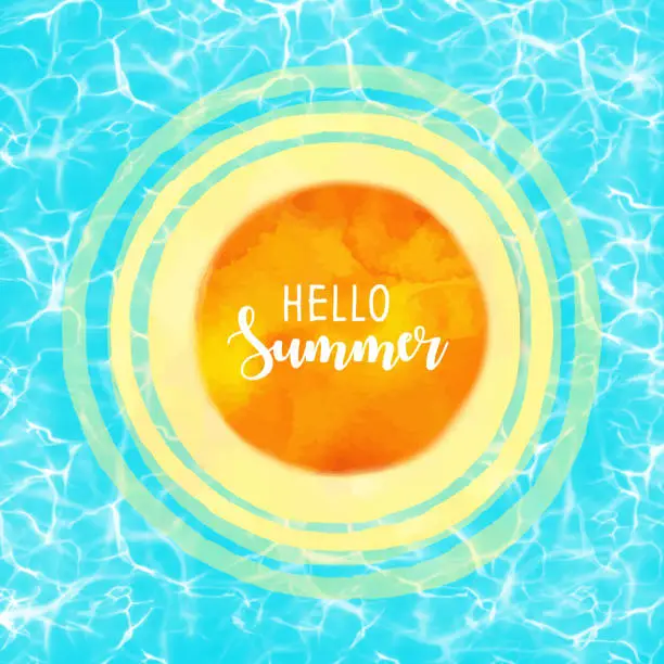 Vector illustration of Hand Drawn Watercolor Sun Isolated on Blue Pool Water Surface with Sun Glare and Waves. Watercolor Sun Hand Painted Abstract Texture. Hello Summer Design Element for Greeting Cards and Labels, Abstract Background, Templete.