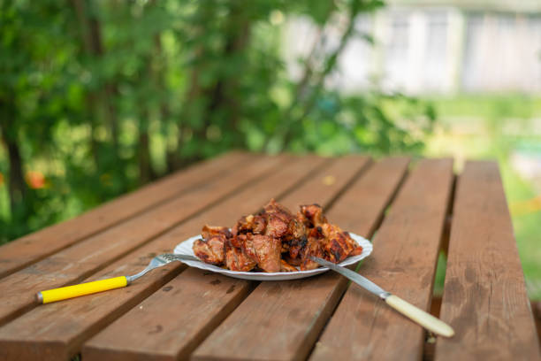 plate with kebab on a wooden table. backyard barbecues